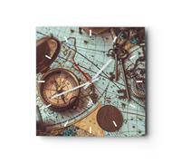 Reloj de Pared 40x40cm Reloj de Vidrio Brújula Vintage Mapa Silencioso