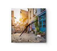 Reloj de Pared 40x40cm Reloj de Vidrio ciudad calle gato Silencioso Decorativo