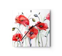 Reloj de Pared 40x40cm Reloj de Vidrio flor amapola prado Silencioso Decorativo