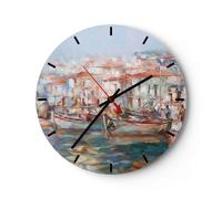 Reloj de Pared 40x40cm Reloj de Vidrio Isla Barcos Puerto Silencioso Decorativo