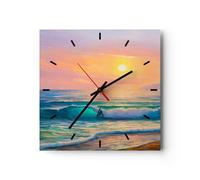 Reloj de Pared 40x40cm Reloj de Vidrio mar ola orilla Silencioso Decorativo