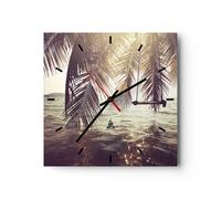 Reloj de Pared 40x40cm Reloj de Vidrio mar palmera agua Silencioso Decorativo