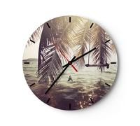 Reloj de Pared 40x40cm Reloj de Vidrio mar palmera agua Silencioso Decorativo