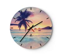 Reloj de Pared 40x40cm Reloj de Vidrio mar playa palmera Silencioso Decorativo