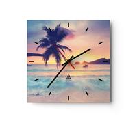 Reloj de Pared 40x40cm Reloj de Vidrio mar playa palmera Silencioso Decorativo