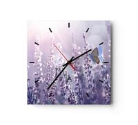 Reloj de Pared 40x40cm Reloj de Vidrio mariposa prado flor Silencioso Decorativo