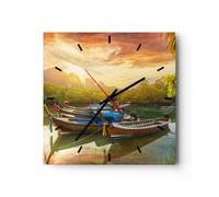 Reloj de Pared 40x40cm Reloj de Vidrio montañas barco agua Silencioso Decorativo