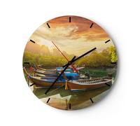 Reloj de Pared 40x40cm Reloj de Vidrio montañas barco agua Silencioso Decorativo