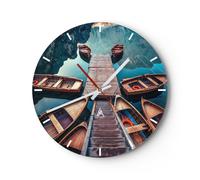 Reloj de Pared 40x40cm Reloj de Vidrio montañas barco agua Silencioso Decorativo