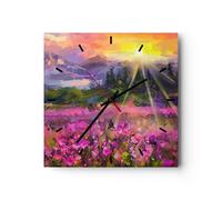 Reloj de Pared 40x40cm Reloj de Vidrio montañas flores flores Silencioso