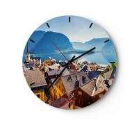 Reloj de Pared 40x40cm Reloj de Vidrio montañas lago agua Silencioso Decorativo