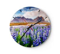 Reloj de Pared 40x40cm Reloj de Vidrio montañas prado flores Silencioso