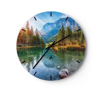 Reloj de Pared 40x40cm Reloj de Vidrio Paisaje Montañas Amanecer Silencioso