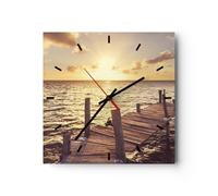 Reloj de Pared 40x40cm Reloj de Vidrio Puente Sol Océano Silencioso Decorativo