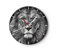 Reloj de Pared 40x40cm Reloj de Vidrio Retrato León Blanco Y Negro Silencioso