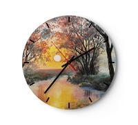 Reloj de Pared 40x40cm Reloj de Vidrio río sol árboles Silencioso Decorativo