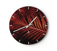 Reloj de Pared 40x40cm Reloj de Vidrio rojo hojas palmeras Silencioso Decorativo