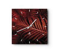 Reloj de Pared 40x40cm Reloj de Vidrio rojo hojas palmeras Silencioso Decorativo