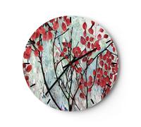 Reloj de Pared 40x40cm Reloj de Vidrio rojo hojas ramas Silencioso Decorativo