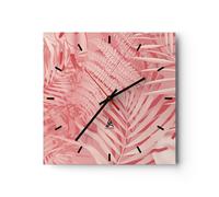 Reloj de Pared 40x40cm Reloj de Vidrio Rosa Hojas Palmeras Silencioso Decorativo