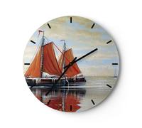 Reloj de Pared 40x40cm Reloj de Vidrio Veleros Aceite Naranja Silencioso