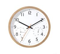 Reloj de pared analógico de 12 pulgadas sin tictac con movimiento de cuarzo, termómetro e higrómetro para conciencia ambiental alimentado por pilas (B)