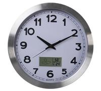 Reloj de pared analógico de aluminio (Ø 35 cm) con pantalla LCD Termómetro higrómetro y pronóstico del tiempo