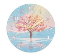 Reloj de pared con diseño de cerezas en flor, árbol de la naturaleza de primavera, agua, melocotón, funciona con pilas, para garaje, sala de juegos, decoración al aire libre, 11.6 x 11.6 pulgadas