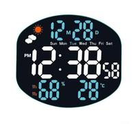 Reloj de pared con pantalla LED con informe meteorológico completo, alarmas duales, monitoreo de temperatura y humedad, control remoto (blanco y azul)