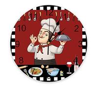 Reloj de pared de cocinero de dibujos animados, reloj colgante de PVC que funciona con pilas, reloj de pared para cocina, sala de estar, dormitorio, redondo de 9.8 pulgadas, chef sosteniendo un plato