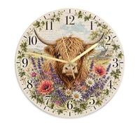 Reloj de pared de vaca de las tierras altas, rústico, vintage, flores de lavanda, reloj de pared silencioso para sala de estar, dormitorio, cocina, decoración de 11.6 x 11.6 pulgadas