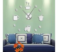 Reloj de pared decorativo en 3D para cafetería, cafetería, tienda de bebidas calientes, granos de café, decoración de pared, bricolaje, reloj de pared súper grande (plateado, 47 pulgadas)
