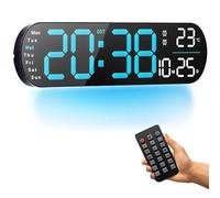 Reloj de pared digital, 14" grande reloj digital con mando a distancia - dimmer automático/ajustable, 8 luces nocturnas de color, 24/12 h reloj de pared para sala de estar, oficina, aula, azul