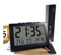 Reloj de pared digital con visualización de hora, fecha, temperatura, humedad y opciones de día de semana en varios idiomas para diversos entornos domésticos u oficina