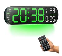 Reloj de pared digital de 14 pulgadas grande reloj digital con mando a distancia - dimmer automático/ajustable, 8 luces nocturnas de color, 24/12 H reloj de pared para sala de estar Oficina aula verde