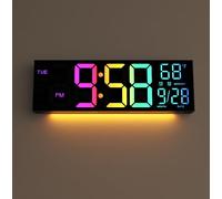 Reloj de pared digital de pantalla grande, reloj de pared digital de 16.2 pulgadas con control remoto RGB que cambia de color, regulador automático de brillo con luces nocturnas, DST automático, fecha