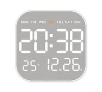 Reloj de pared electrónico con acabado de metal con pantalla LED para hora, fecha, semana, temperatura, humedad, alarma, brillo ajustable, USB y batería (blanco)