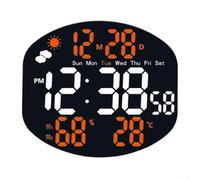 Reloj de pared electrónico con pantalla LED brillante, informe meteorológico completo, alarmas duales, sensores de temperatura y humedad, control remoto (blanco y naranja)