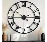 Reloj de Pared Grande de 80 cm, de Gran tamaño, Redondo, de Metal Negro, silencioso, Casi no tictac, Funciona con Pilas con números Romanos para Sala de Estar, Dormitorio, decoración de Cocina