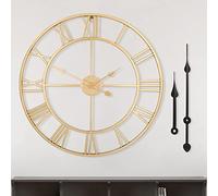 Reloj de pared grande de metal redondo de estilo vintage Silencioso Sin tictac Funciona con pilas 40cm 47cm 60cm Números romanos dorados Relojes para sala de estar Dormitorio Cocina Decoración
