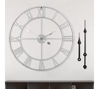 Reloj de pared grande de metal redondo de estilo vintage Silencioso Sin tictac Funciona con pilas 40cm 47cm 60cm Números romanos plateados Relojes para sala de estar Dormitorio Cocina Decoración