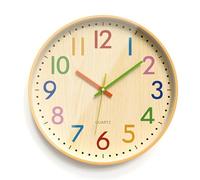 Reloj de pared infantil sin ruido de tictac, reloj de pared de 30 cm, moderno, reloj de cocina, números coloridos, reloj de aprendizaje de cuarzo, silencioso, moderno, vetas de madera, creativo para