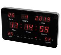 Perel Reloj de Pared Digital Negro, Gran Pantalla LED 37.5x25.5cm, Leds Rojos, Reloj Digital con Calendario, Hora, Fecha, Temperatura y Humedad, termómetro e higrómetro, para Oficina, Taller y Aula