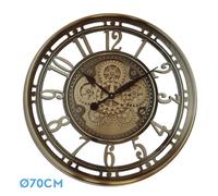 Reloj de pared mesina bronce 70x70x8 cm engranajes con movimiento