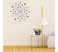 Reloj de Pared Plateado Metálico Brillante para Sala de Estar y Oficina, Reloj Decorativo con Diamantes de Imitación (Diamantes Plateados y Negros)