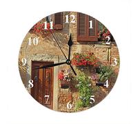 Reloj De Pared Redondo 25cm, Hermosa Casa Antigua Hermosa Entrada A La Casa Decorada con Muchas Plantas con Flores Reloj De Sobremesa Grande Reloj Cuarzo, para La Cocina, Restaurante
