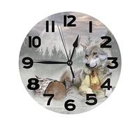 Reloj de pared redondo Invierno Lobo de nieve Holdingin Boca Relojes Silencioso Sin tictac Animal salvaje Naturaleza Diseño Reloj Funciona con pilas Decoración Relojes para la decoración del hogar