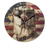 Reloj De Pared Redondo Relojes De Pared Funciona con Pilas Reloj Pared para Cocina Salón Dormitorio 25cm Perro Labrador con La Bandera De Estados Unidos Y Gafas De Sol