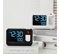 Reloj de proyección LCD con rotación de 180 grados que muestra la hora, fecha, alarma, temperatura y humedad, diseñado con botones táctiles superiores para ajustes convenientes (A)