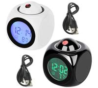 Reloj de proyección LED con visualización de hora roja, lectura de temperatura, alertas de voz, forma de cubo, alimentado por USB
